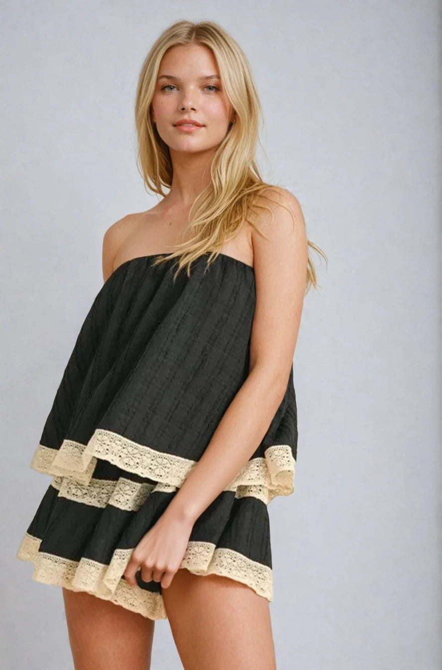 Isla Lace-Trim Layered Tube Romper