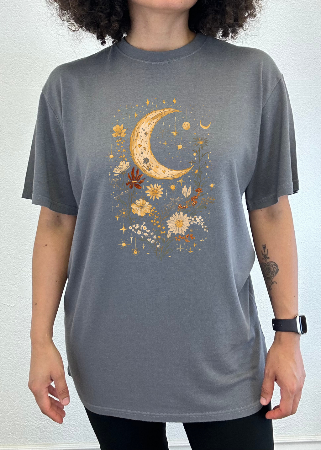 Celestial Moon Boho Flowers Vintage Unisex Bamboo/Cotton Graphic T-Shirt