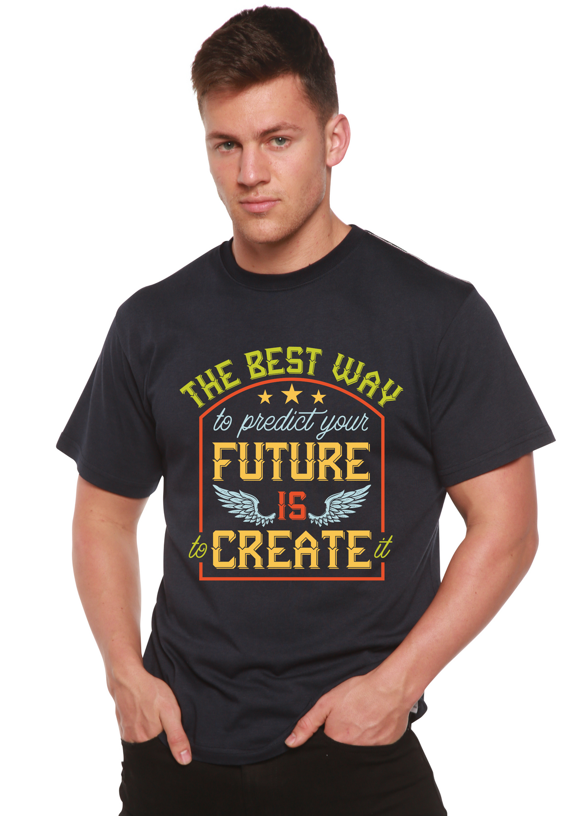 Feture is Create Spun Bamboo® Men's Bamboo Viscose/Organic Cotton Short Sleeve Graphic T-Shirt