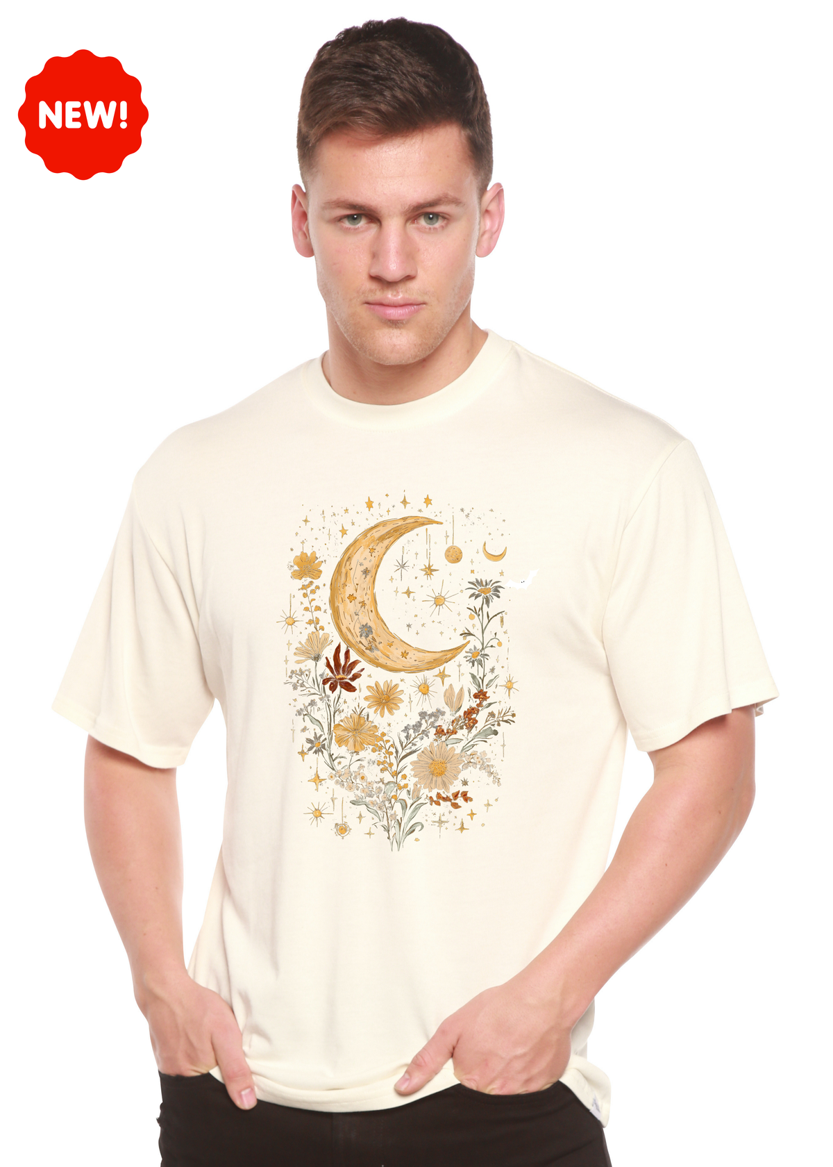Celestial Moon Boho Flowers Vintage Unisex Bamboo/Cotton Graphic T-Shirt
