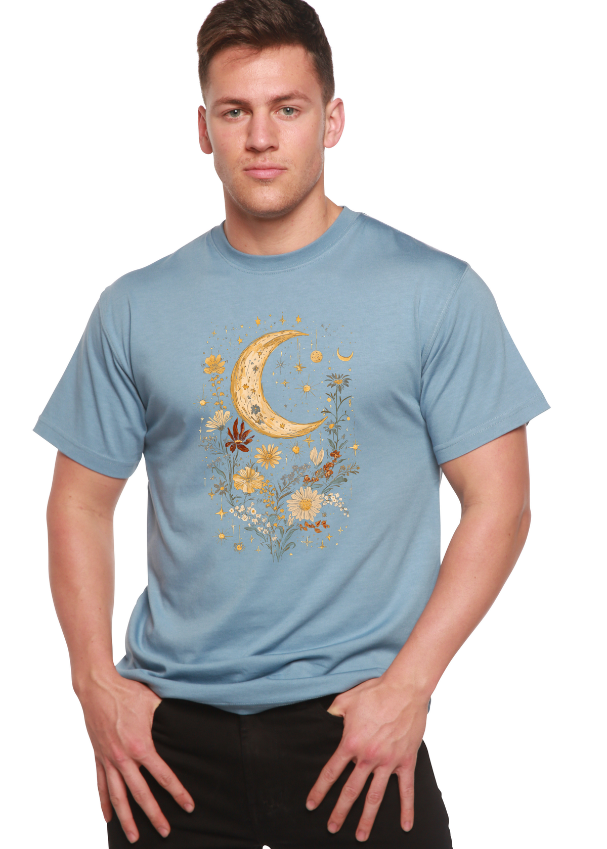 Celestial Moon Boho Flowers Vintage Unisex Bamboo/Cotton Graphic T-Shirt