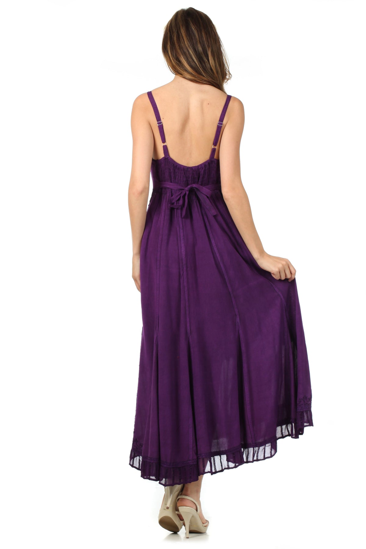Sakkas Stonewashed Empire Waist Floral Vine Trumpet Crepe Inlay Ruffle Hem Dress