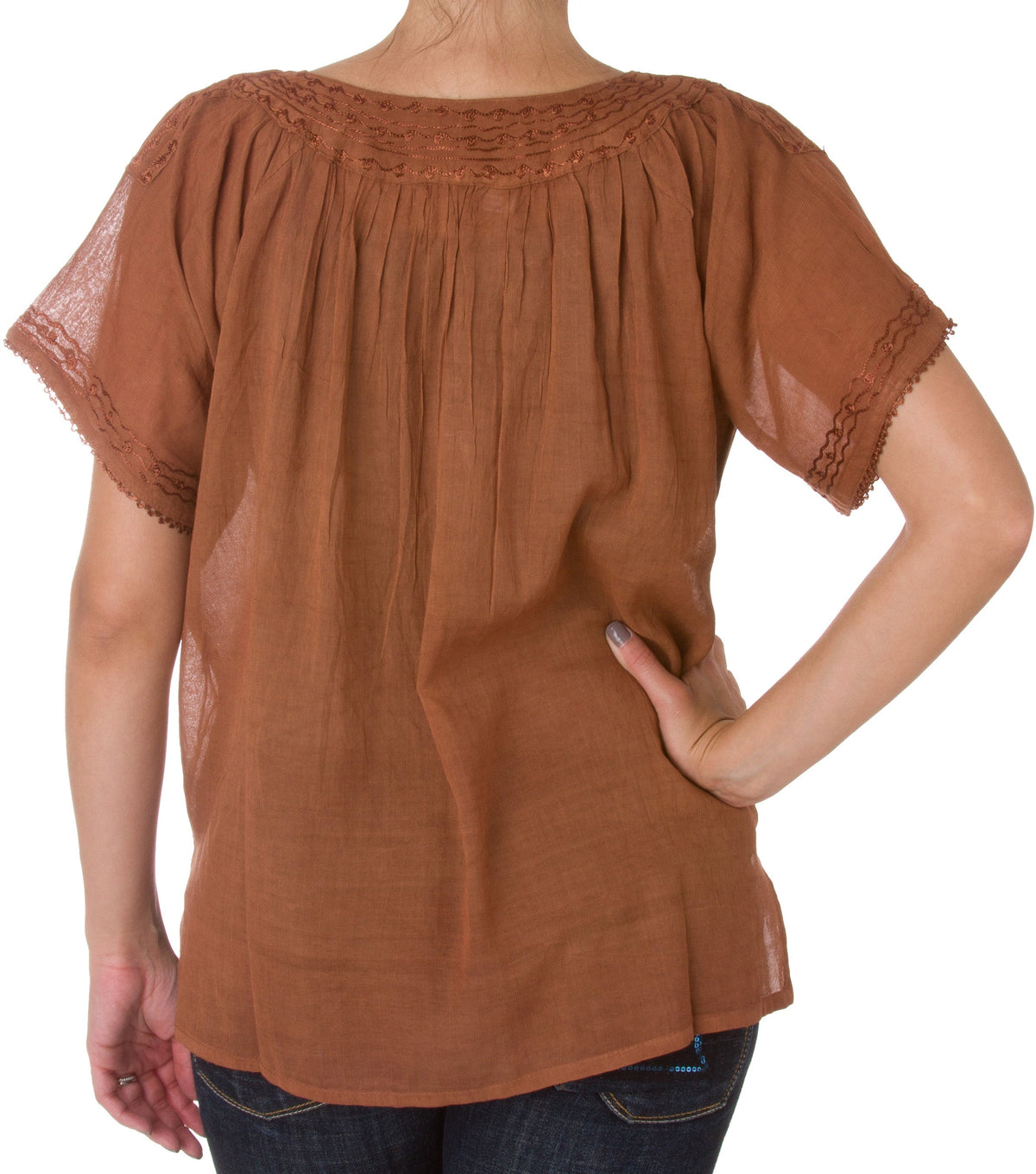 Sakkas Embroidered 100% Cotton Semi-Sheer Short Sleeve Gauzy Top / Blouse