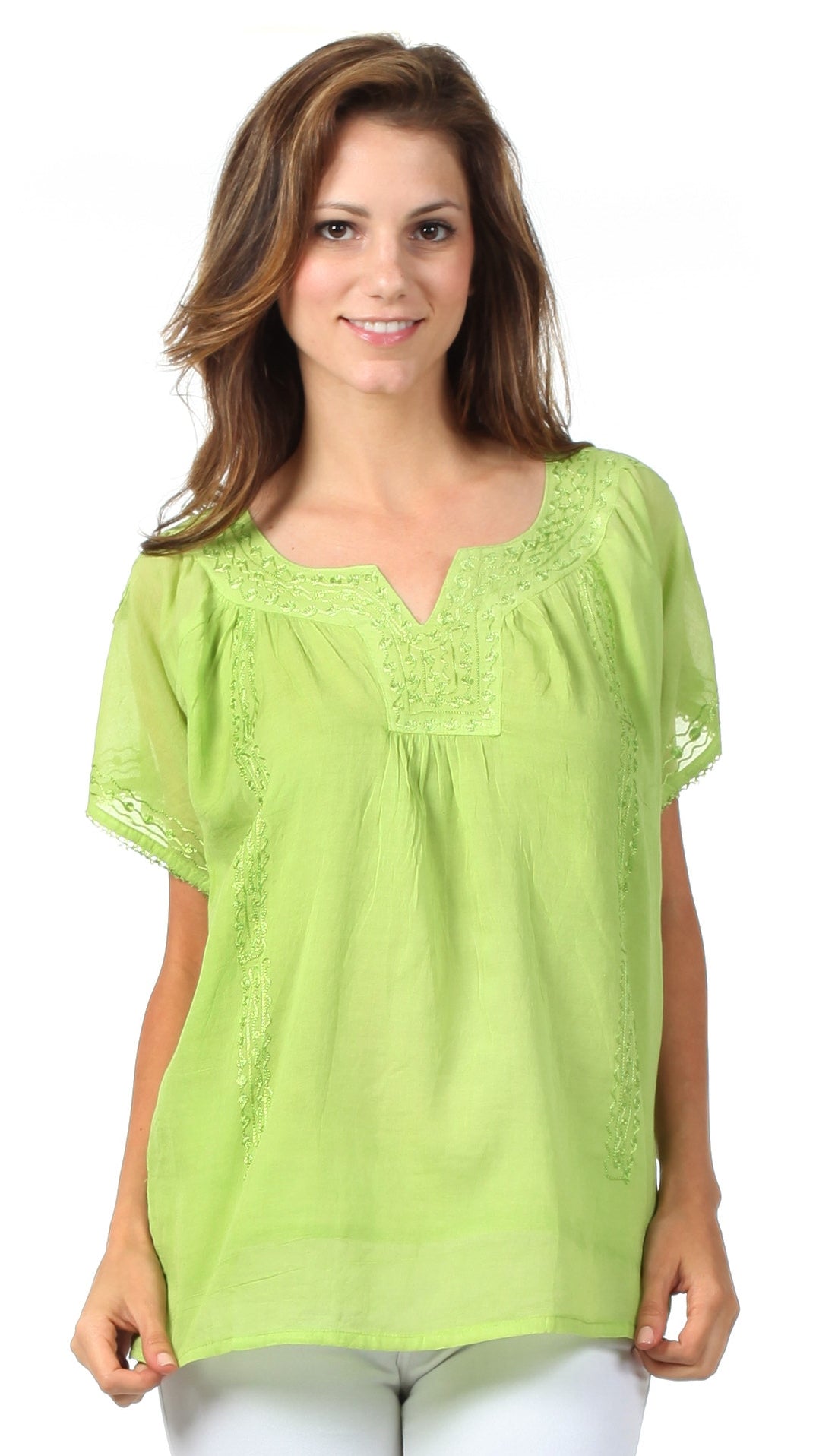 Sakkas Embroidered 100% Cotton Semi-Sheer Short Sleeve Gauzy Top / Blouse
