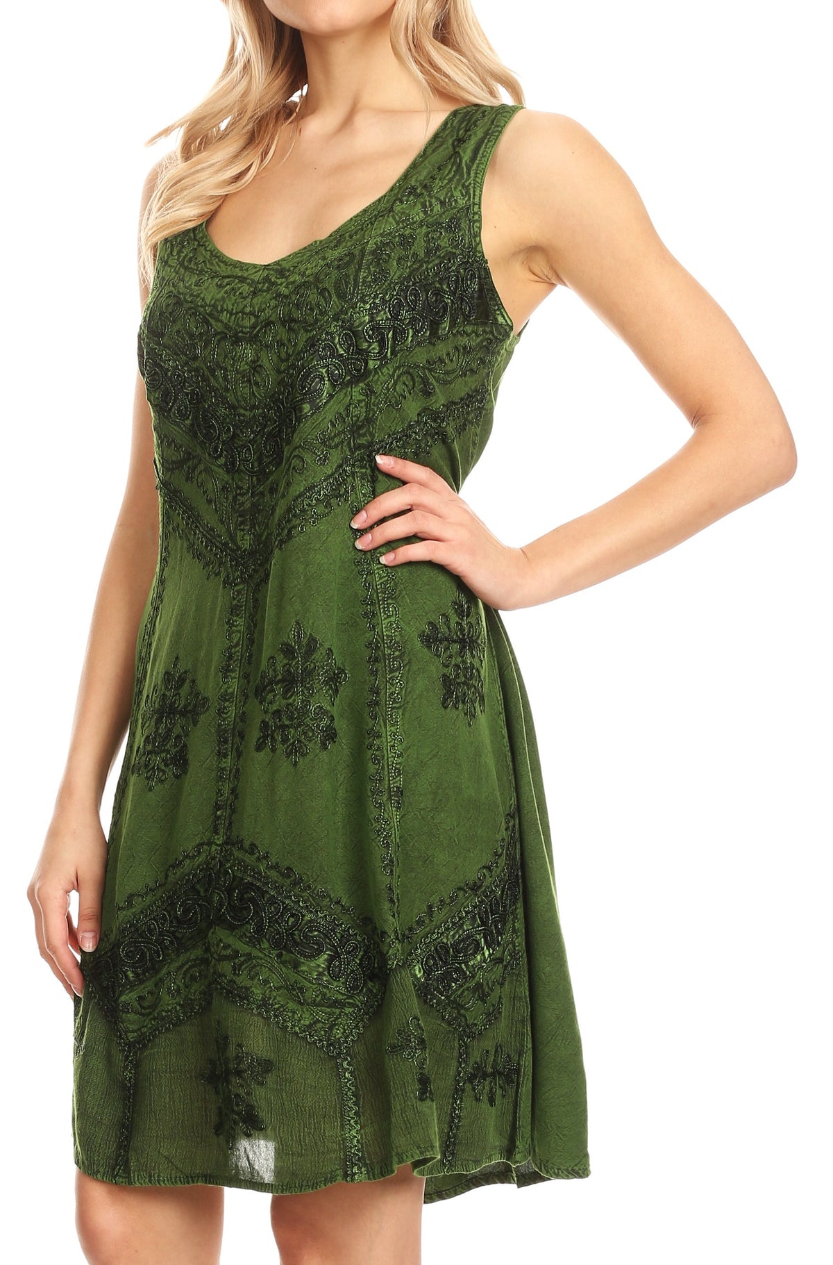 Sakkas Sudha Stonewash Embroidery Mid Length Adjustable dress