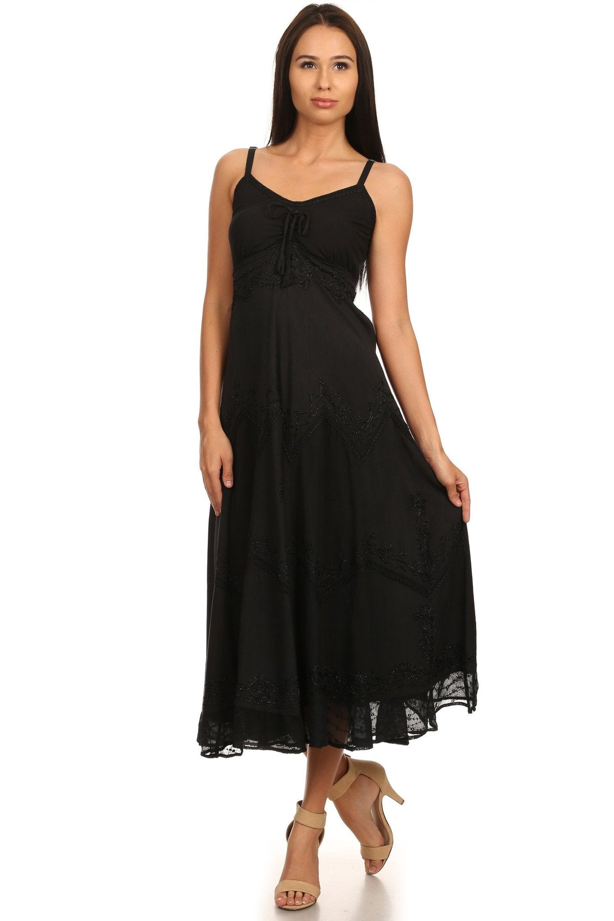 Sakkas Iris Plaid Stonewashed Rayon Embroidered Adjustable Spaghetti Straps Dress
