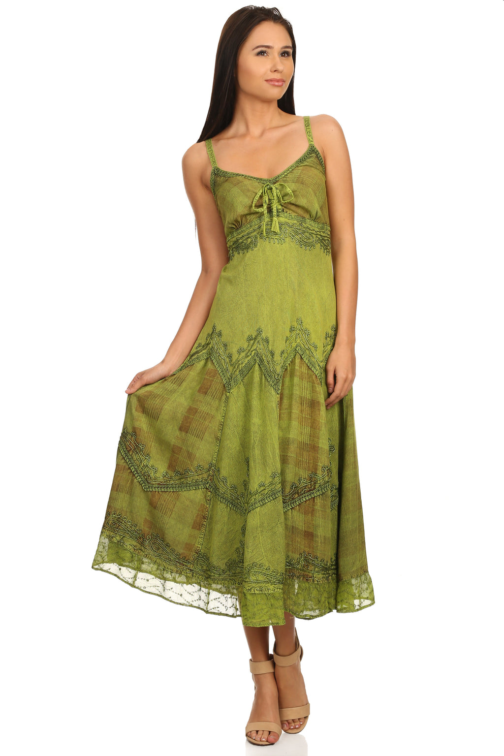 Sakkas Iris Plaid Stonewashed Rayon Embroidered Adjustable Spaghetti Straps Dress