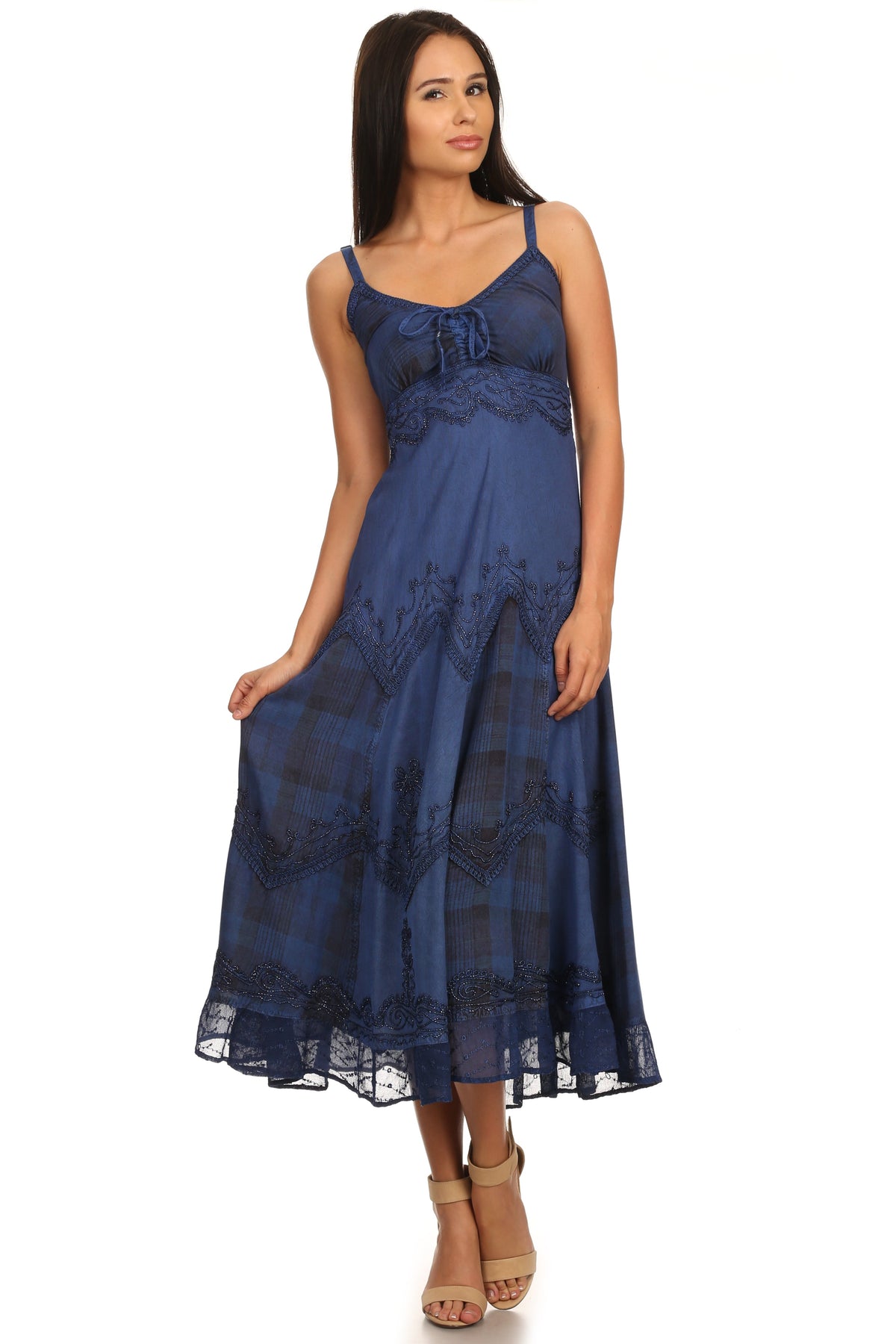 Sakkas Iris Plaid Stonewashed Rayon Embroidered Adjustable Spaghetti Straps Dress