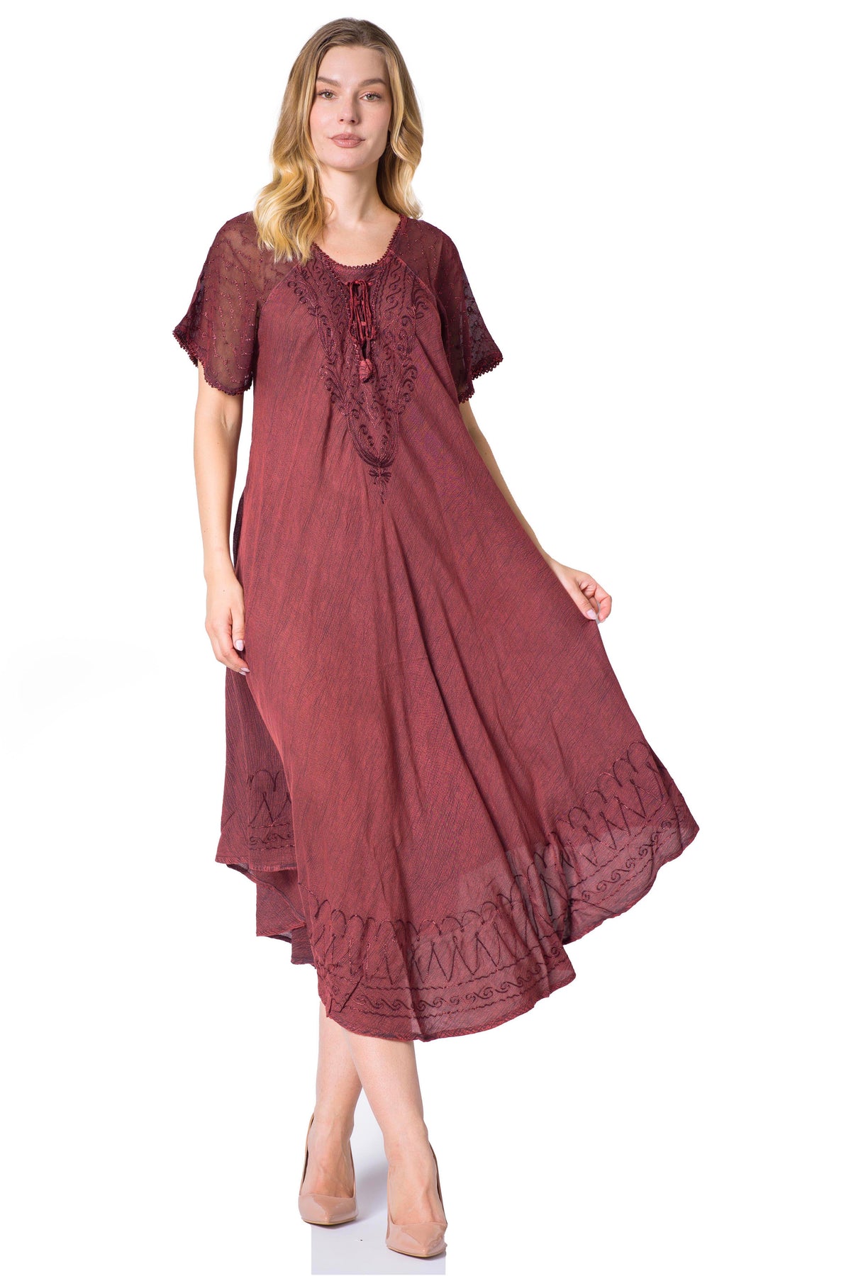 Sakkas Egan Women's Long Embroidered Caftan Dress / Cover Up With Embroidered Cap Sleeves