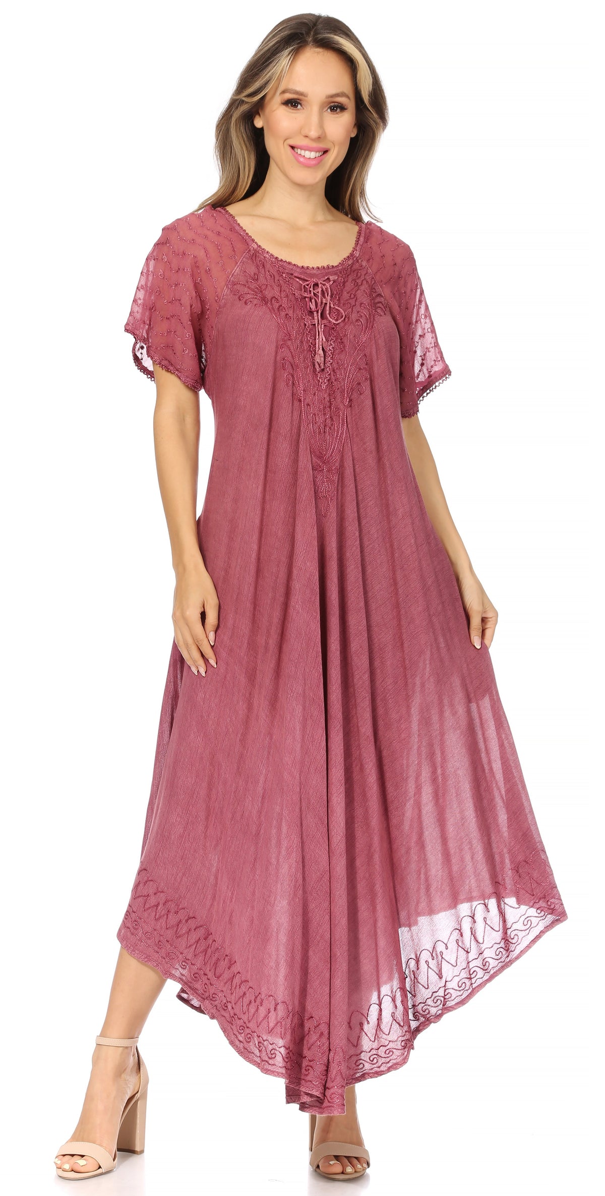 Sakkas Egan Women's Long Embroidered Caftan Dress / Cover Up With Embroidered Cap Sleeves