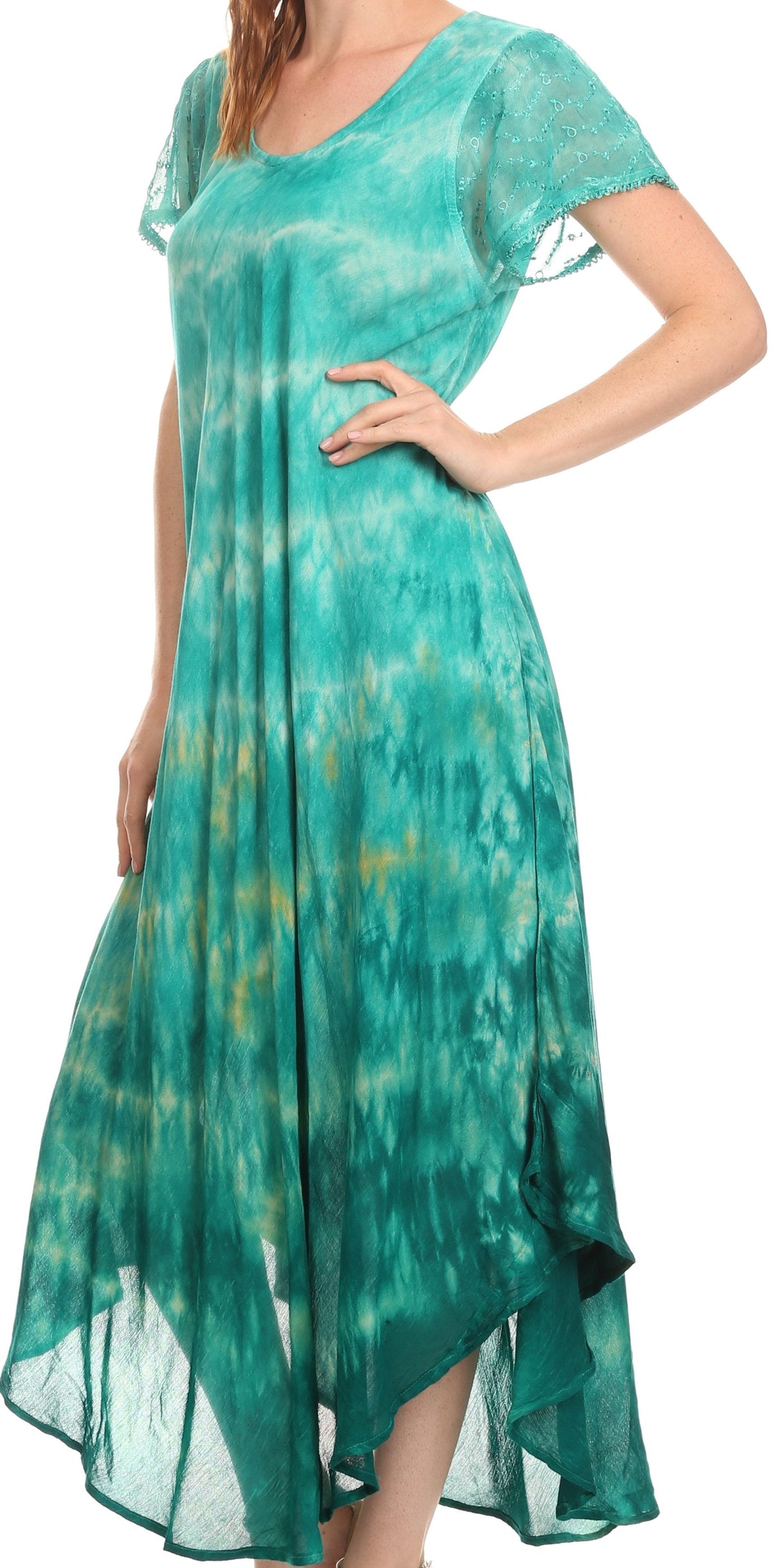 Sakkas Kaylaye Long Tie Dye Ombre Embroidered Cap Sleeve Caftan Dress / Cover Up