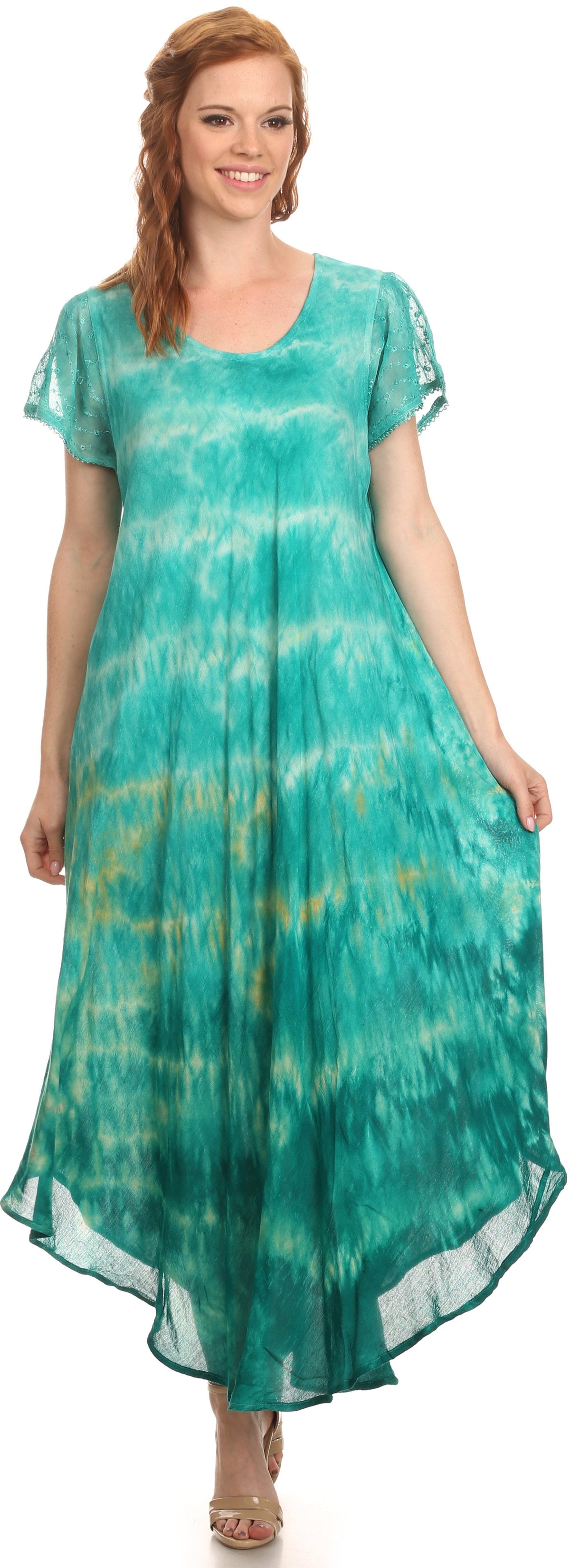 Sakkas Kaylaye Long Tie Dye Ombre Embroidered Cap Sleeve Caftan Dress / Cover Up