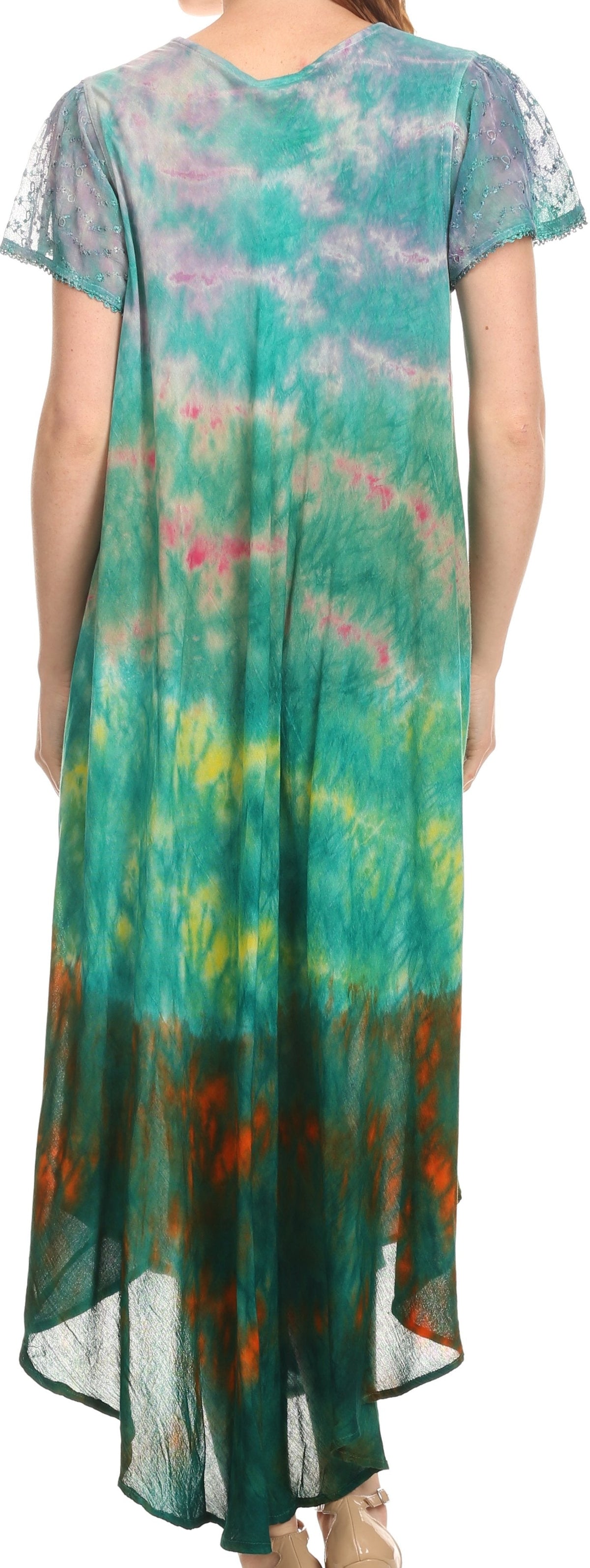 Sakkas Kaylaye Long Tie Dye Ombre Embroidered Cap Sleeve Caftan Dress / Cover Up