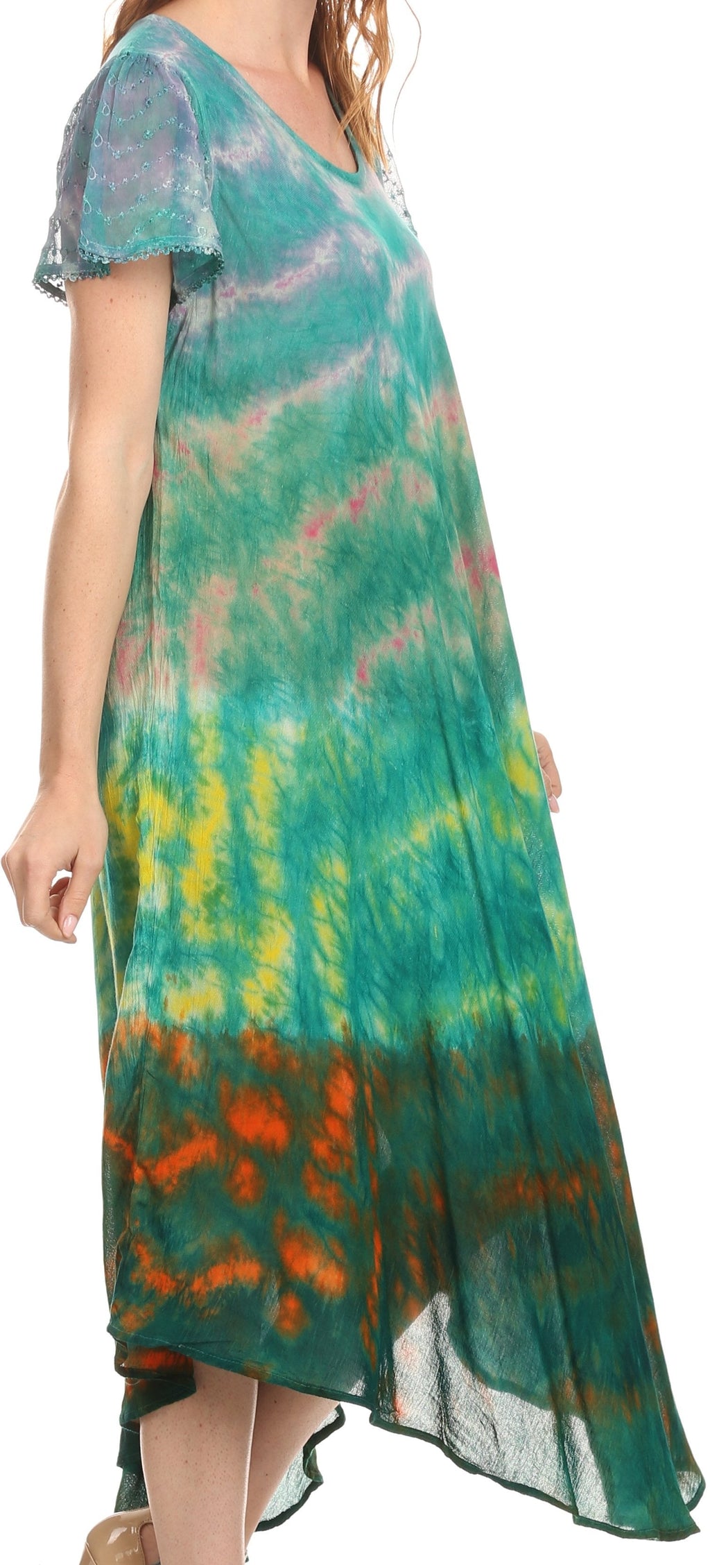 Sakkas Kaylaye Long Tie Dye Ombre Embroidered Cap Sleeve Caftan Dress / Cover Up