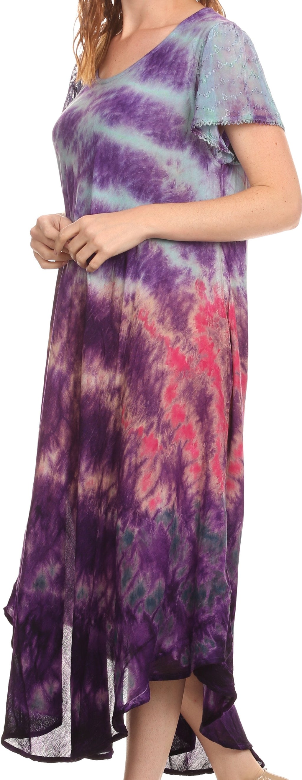 Sakkas Kaylaye Long Tie Dye Ombre Embroidered Cap Sleeve Caftan Dress / Cover Up