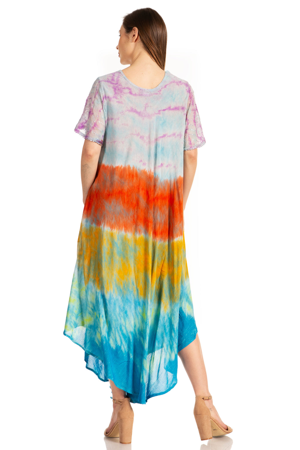 Sakkas Kaylaye Long Tie Dye Ombre Embroidered Cap Sleeve Caftan Dress / Cover Up