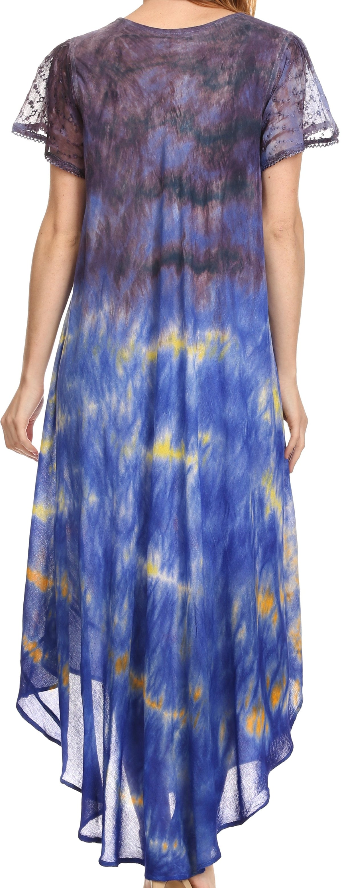Sakkas Kaylaye Long Tie Dye Ombre Embroidered Cap Sleeve Caftan Dress / Cover Up