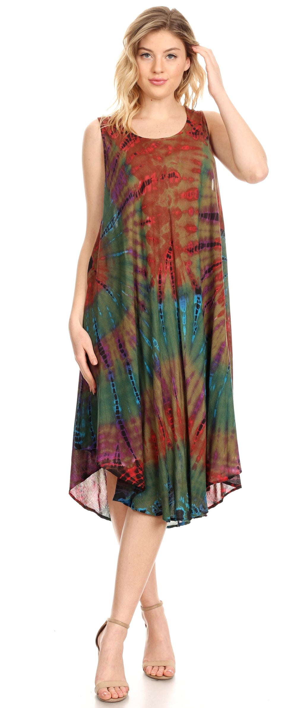 Sakkas Eula Boho Sleeveless Tie Dye Long Tank Caftan Sundress / Beach Cover Up