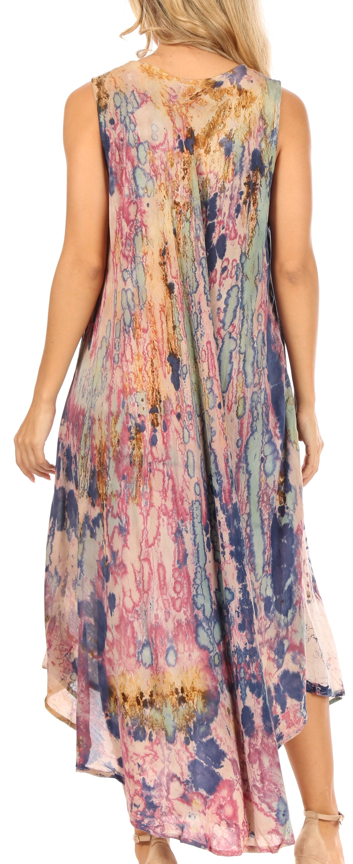 Sakkas Julia Boho Flared Multi-color Marble Batik Cotton Long Dress  / Cover Up