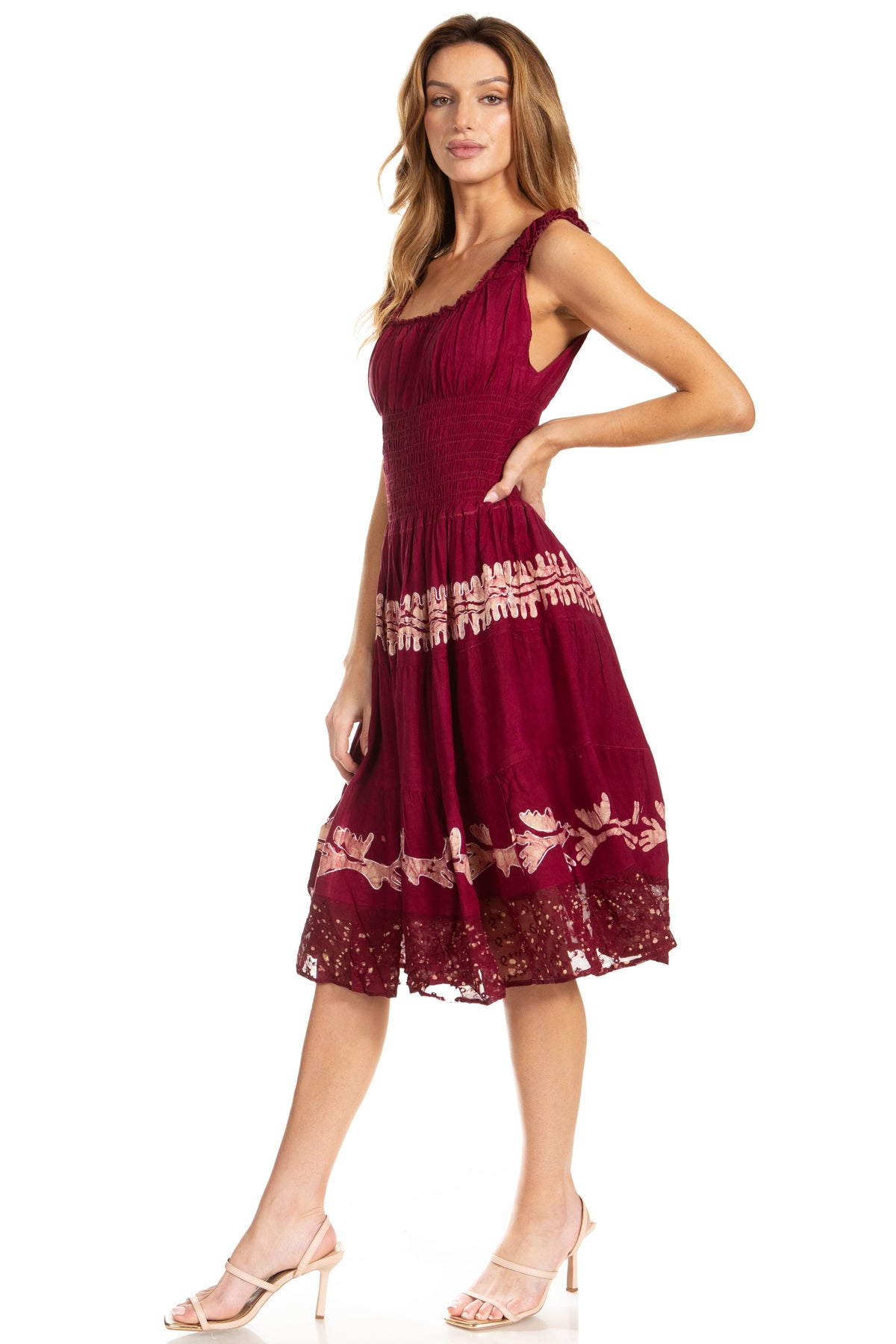 Sakkas Alba Women's Off The Shoulder Smock Ruffle Midi Dress Tie Dye & Embroidery