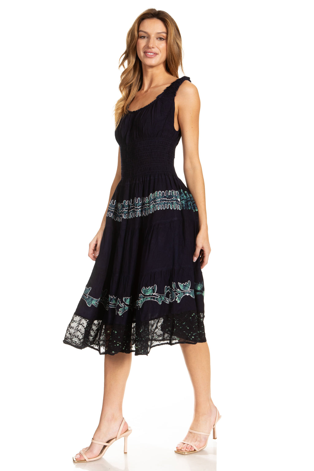 Sakkas Alba Women's Off The Shoulder Smock Ruffle Midi Dress Tie Dye & Embroidery
