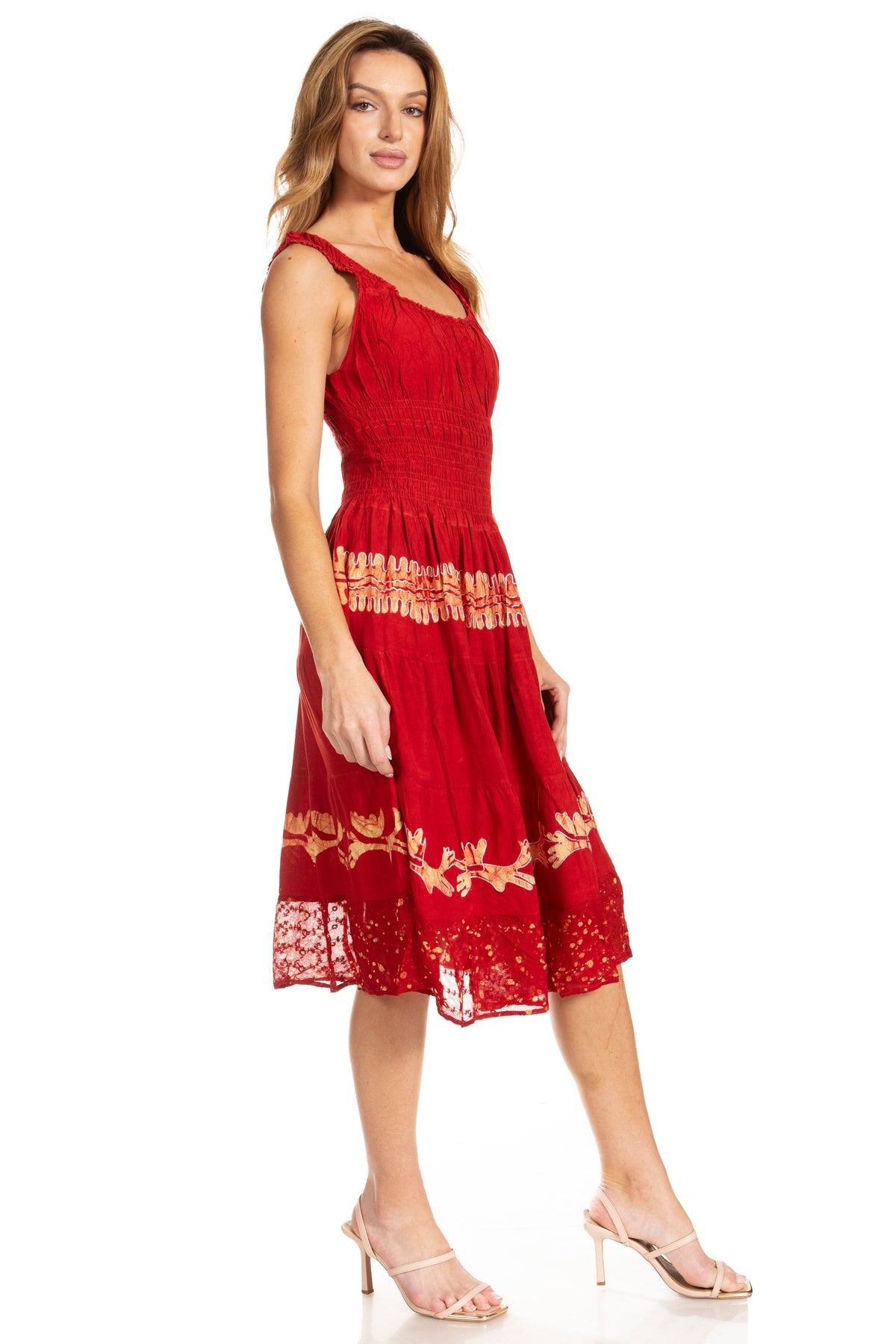 Sakkas Alba Women's Off The Shoulder Smock Ruffle Midi Dress Tie Dye & Embroidery