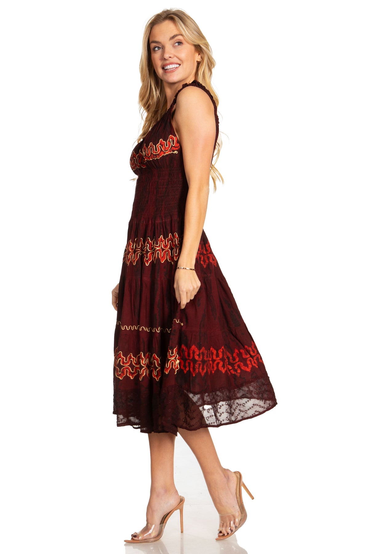 Sakkas Alba Women's Off The Shoulder Smock Ruffle Midi Dress Tie Dye & Embroidery