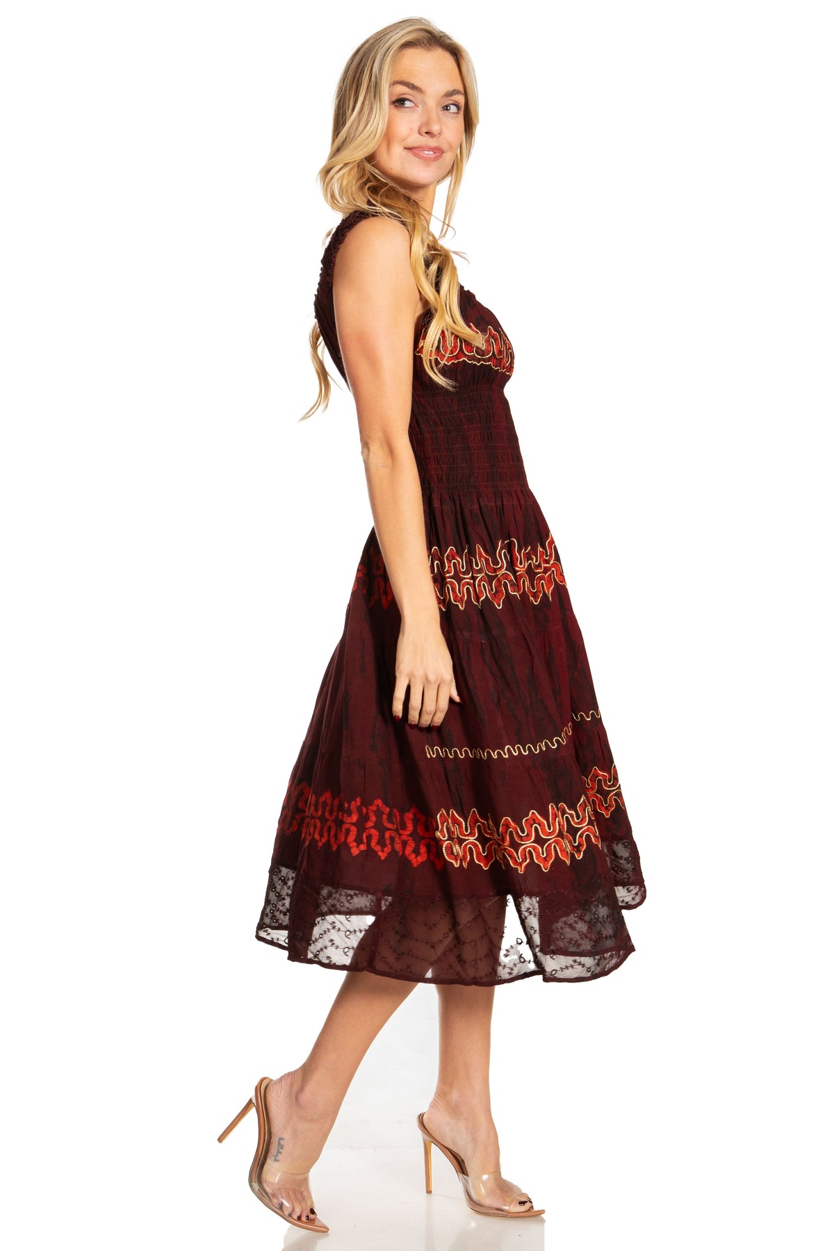 Sakkas Alba Women's Off The Shoulder Smock Ruffle Midi Dress Tie Dye & Embroidery