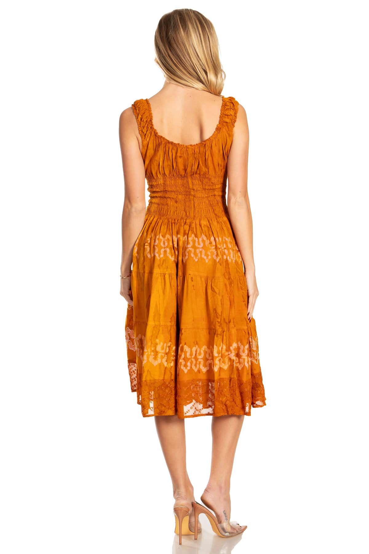 Sakkas Alba Women's Off The Shoulder Smock Ruffle Midi Dress Tie Dye & Embroidery