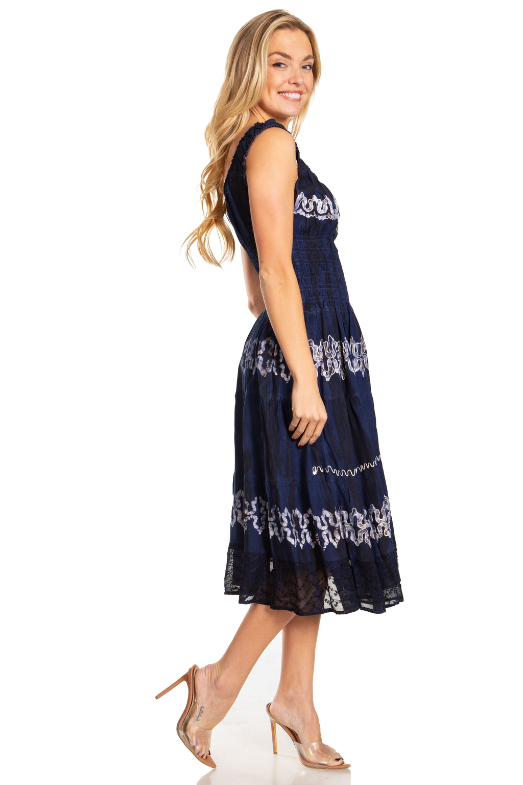 Sakkas Alba Women's Off The Shoulder Smock Ruffle Midi Dress Tie Dye & Embroidery