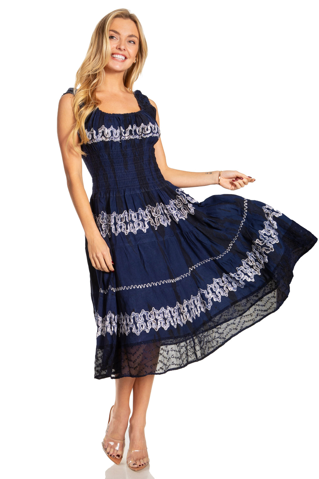 Sakkas Alba Women's Off The Shoulder Smock Ruffle Midi Dress Tie Dye & Embroidery