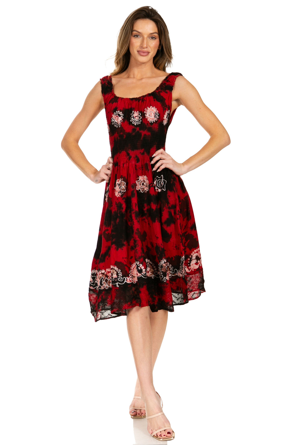 Sakkas Alba Women's Off The Shoulder Smock Ruffle Midi Dress Tie Dye & Embroidery