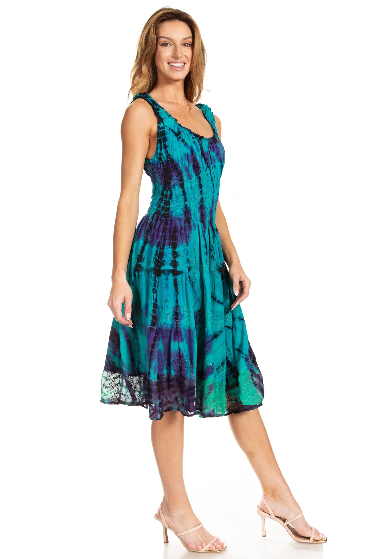 Sakkas Alba Women's Off The Shoulder Smock Ruffle Midi Dress Tie Dye & Embroidery