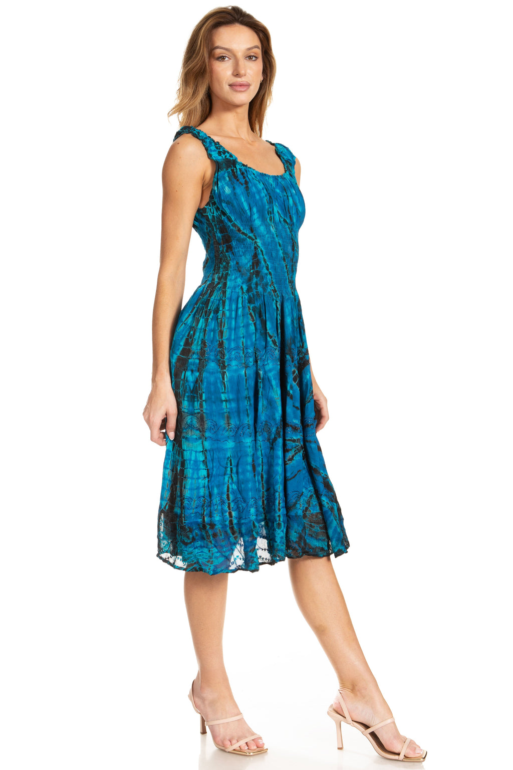 Sakkas Alba Women's Off The Shoulder Smock Ruffle Midi Dress Tie Dye & Embroidery