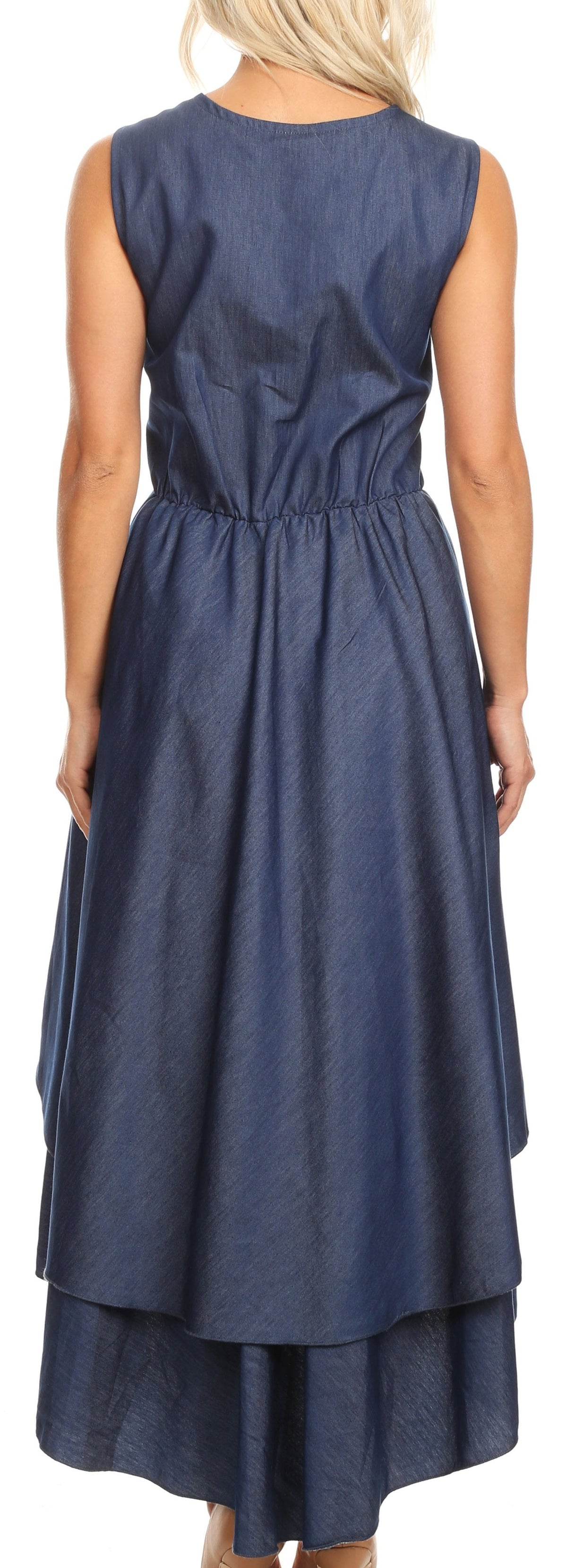 Sakkas Emalia Women's Sleeveless Cocktail High Low Hem Dress with Pockets Chambray