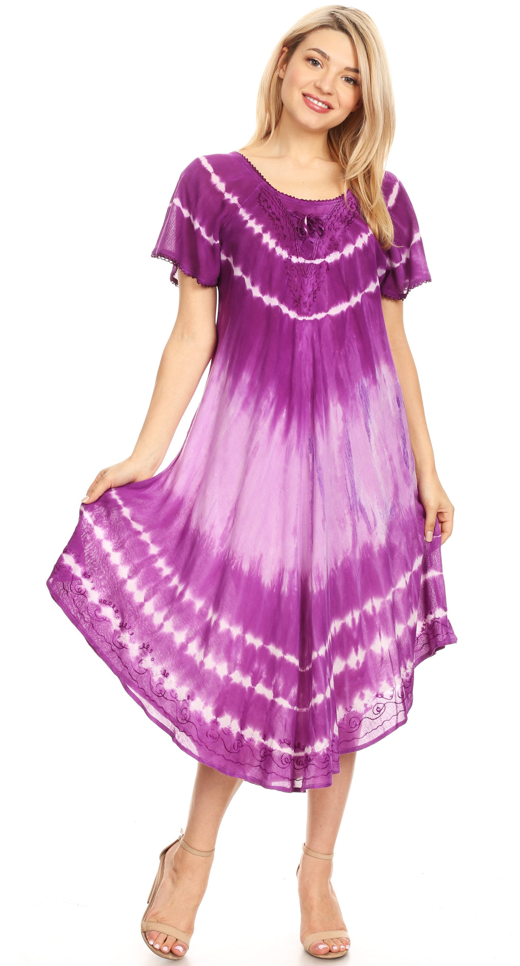 Sakkas Dalida Women's Short Sleeve Corset Tie dye Embroidered Flared Dress