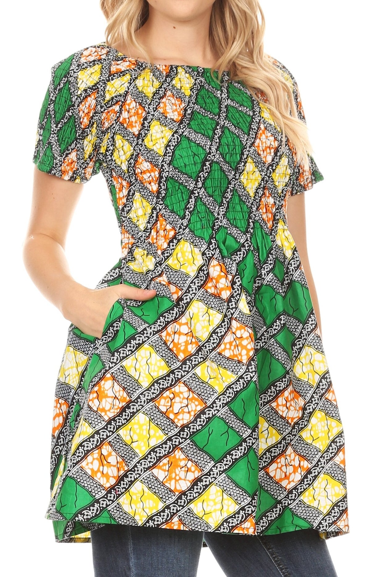 Sakkas Ife Wax African Ankara Colorful Cocktail Short Dress Off-shoulder w/pockets
