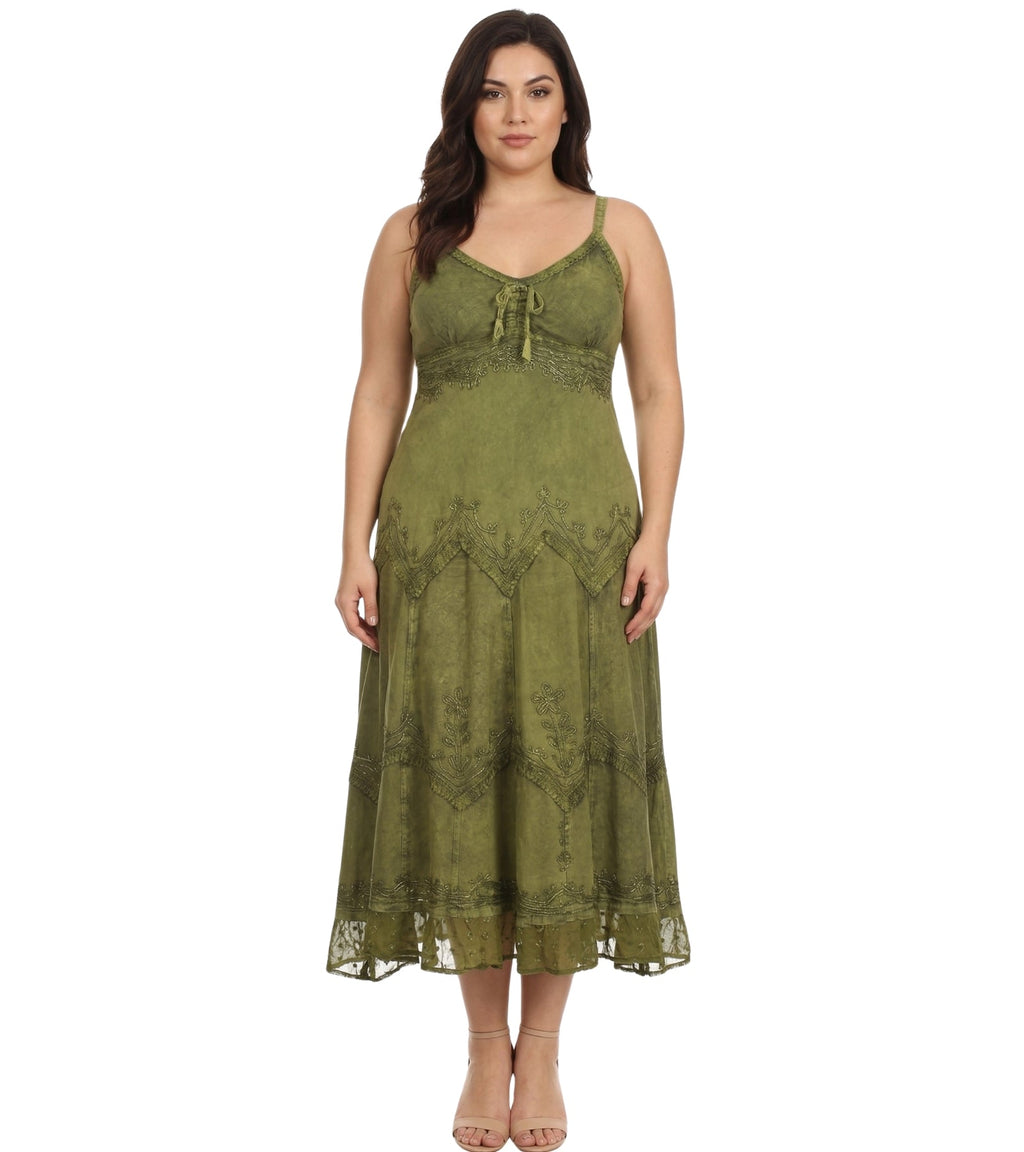 Sakkas Stonewashed Rayon Embroidered Adjustable Spaghetti Straps Long Dress