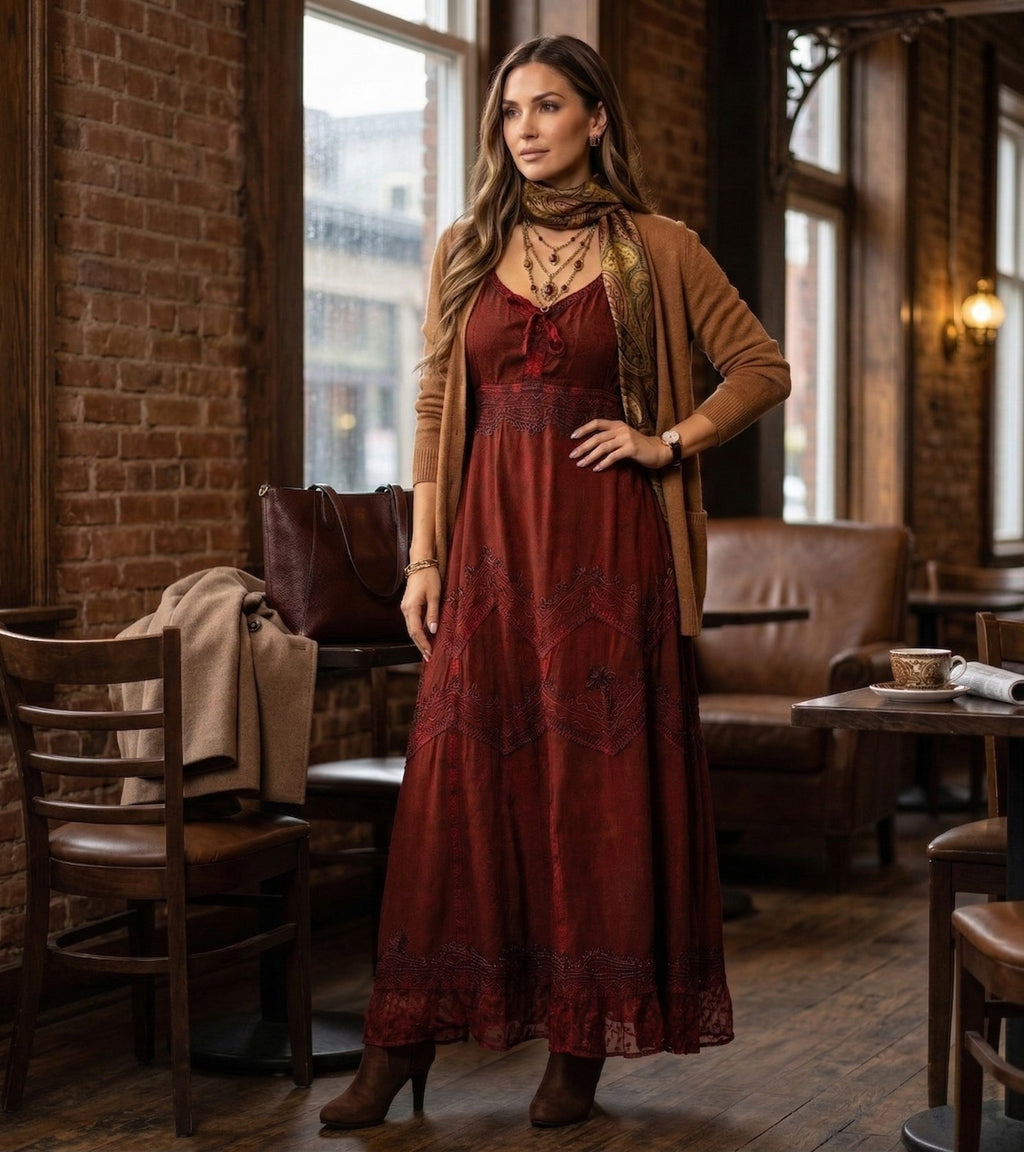 Sakkas Stonewashed Rayon Embroidered Adjustable Spaghetti Straps Long Dress