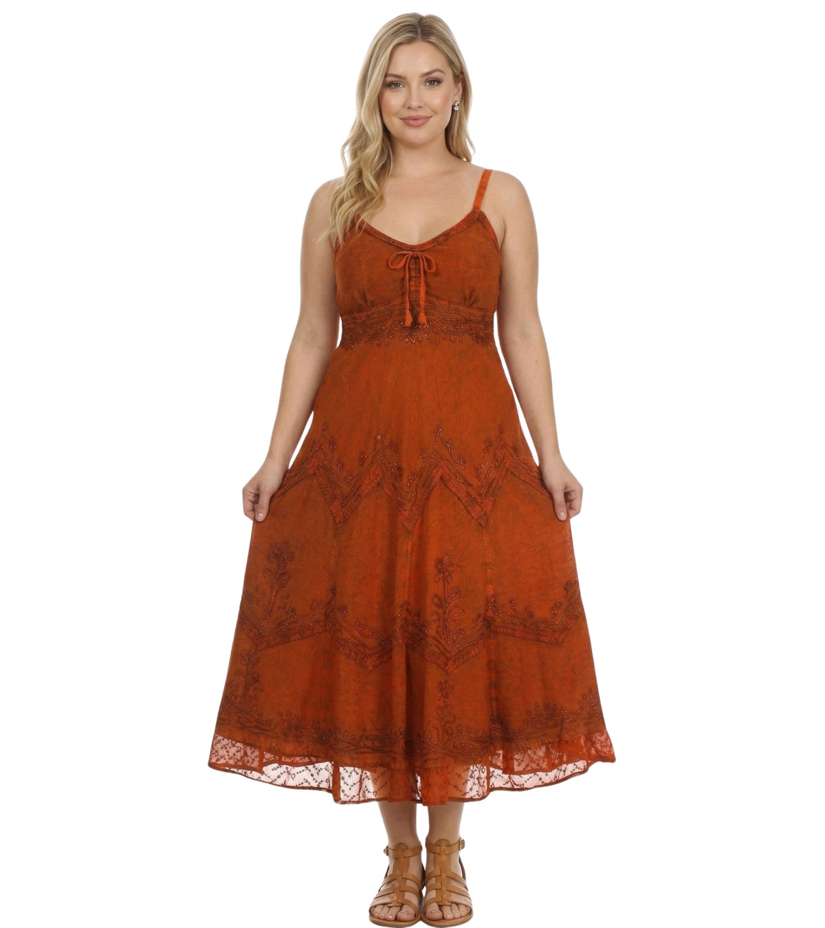 Sakkas Stonewashed Rayon Embroidered Adjustable Spaghetti Straps Long Dress