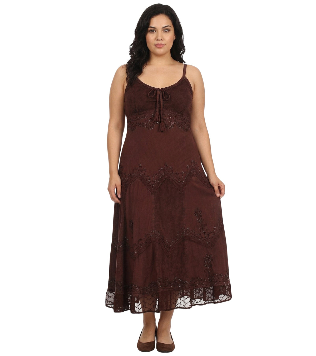 Sakkas Stonewashed Rayon Embroidered Adjustable Spaghetti Straps Long Dress