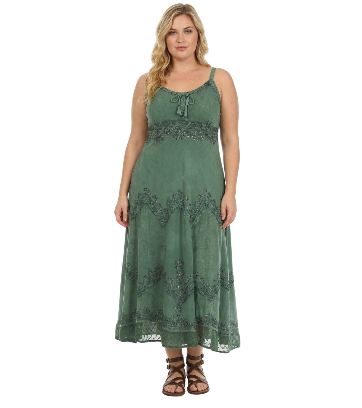 Sakkas Stonewashed Rayon Embroidered Adjustable Spaghetti Straps Long Dress