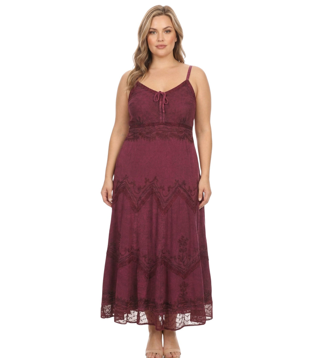 Sakkas Stonewashed Rayon Embroidered Adjustable Spaghetti Straps Long Dress