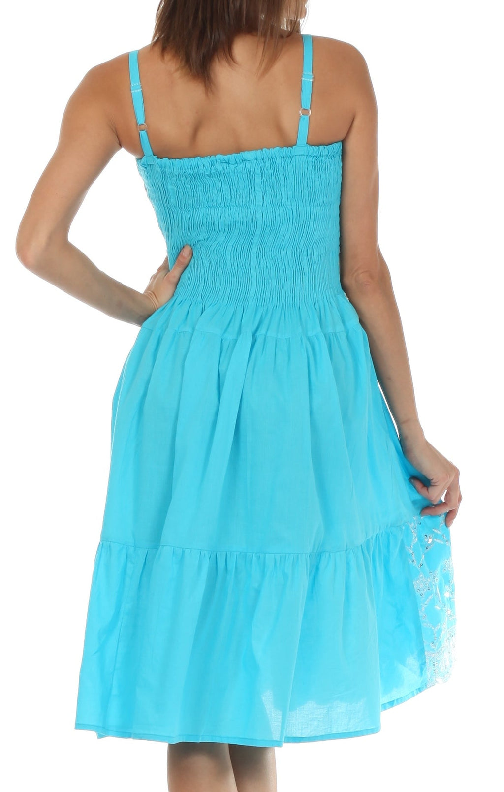 Sakkas Sequin Embroidered Smocked Bodice Knee Length Dress