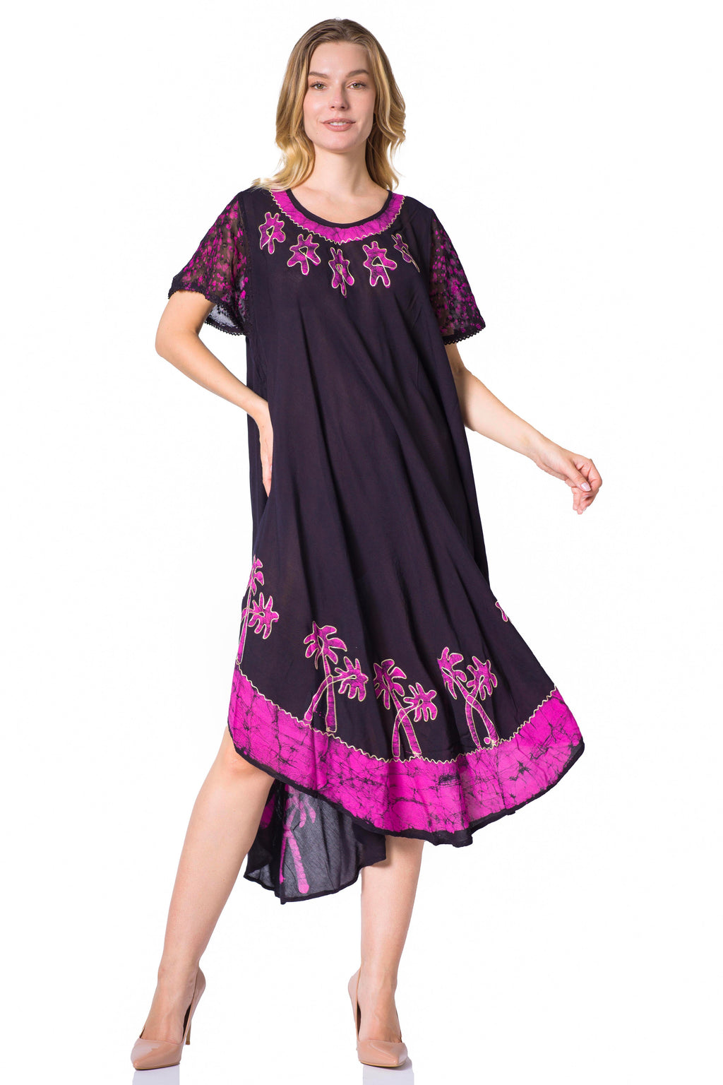 Sakkas Batik Palm Tree Cap Sleeve Caftan Dress / Cover Up