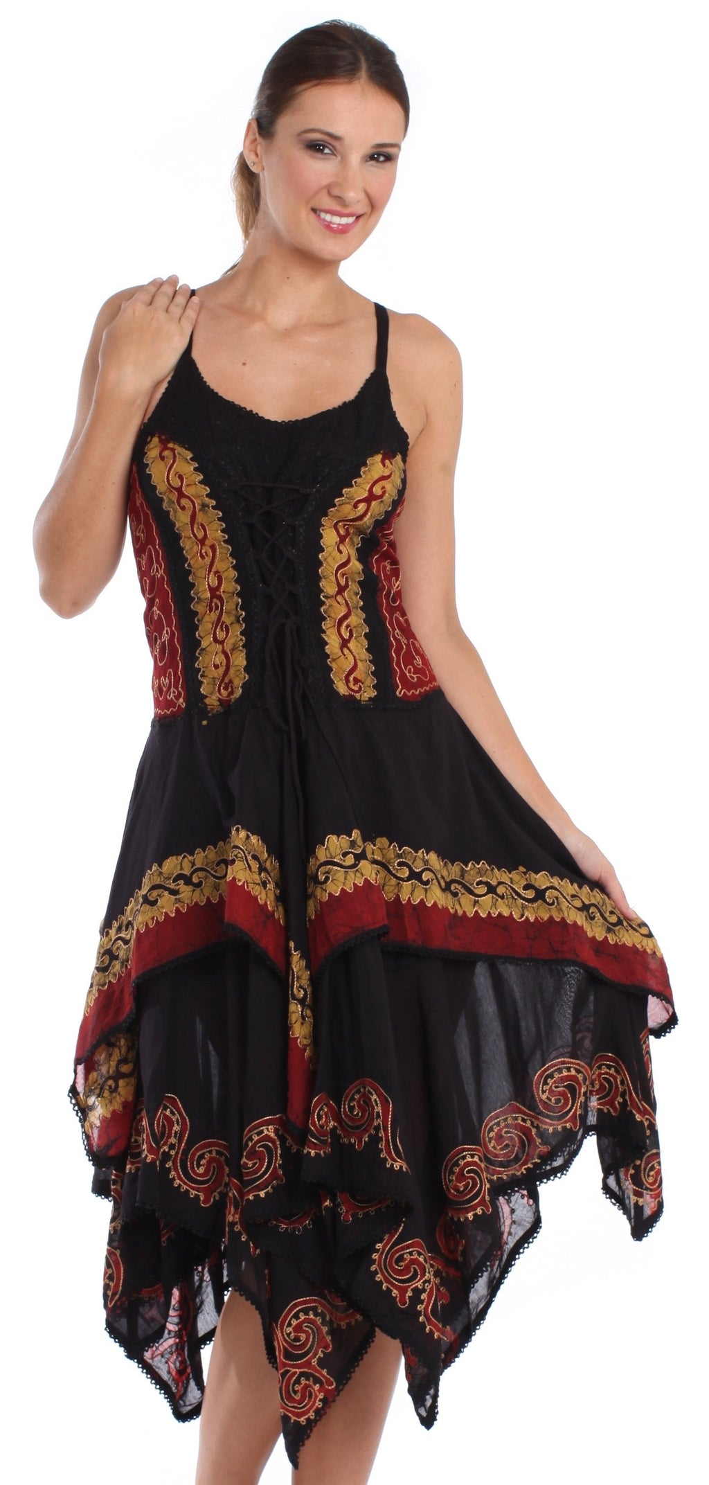 Sakkas Batik Corset Style Bodice Handkerchief Hem Dress