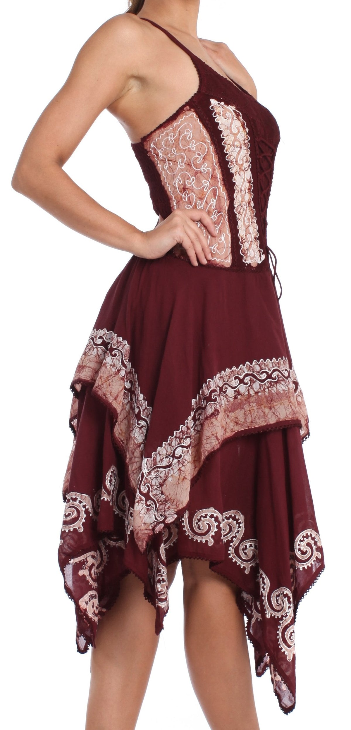 Sakkas Batik Corset Style Bodice Handkerchief Hem Dress