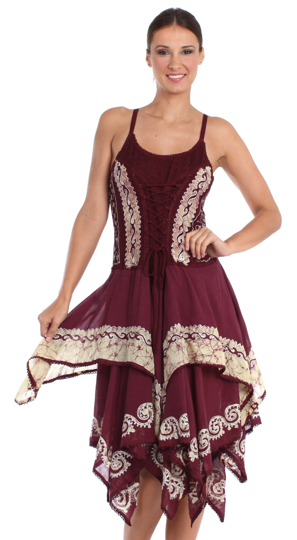 Sakkas Batik Corset Style Bodice Handkerchief Hem Dress