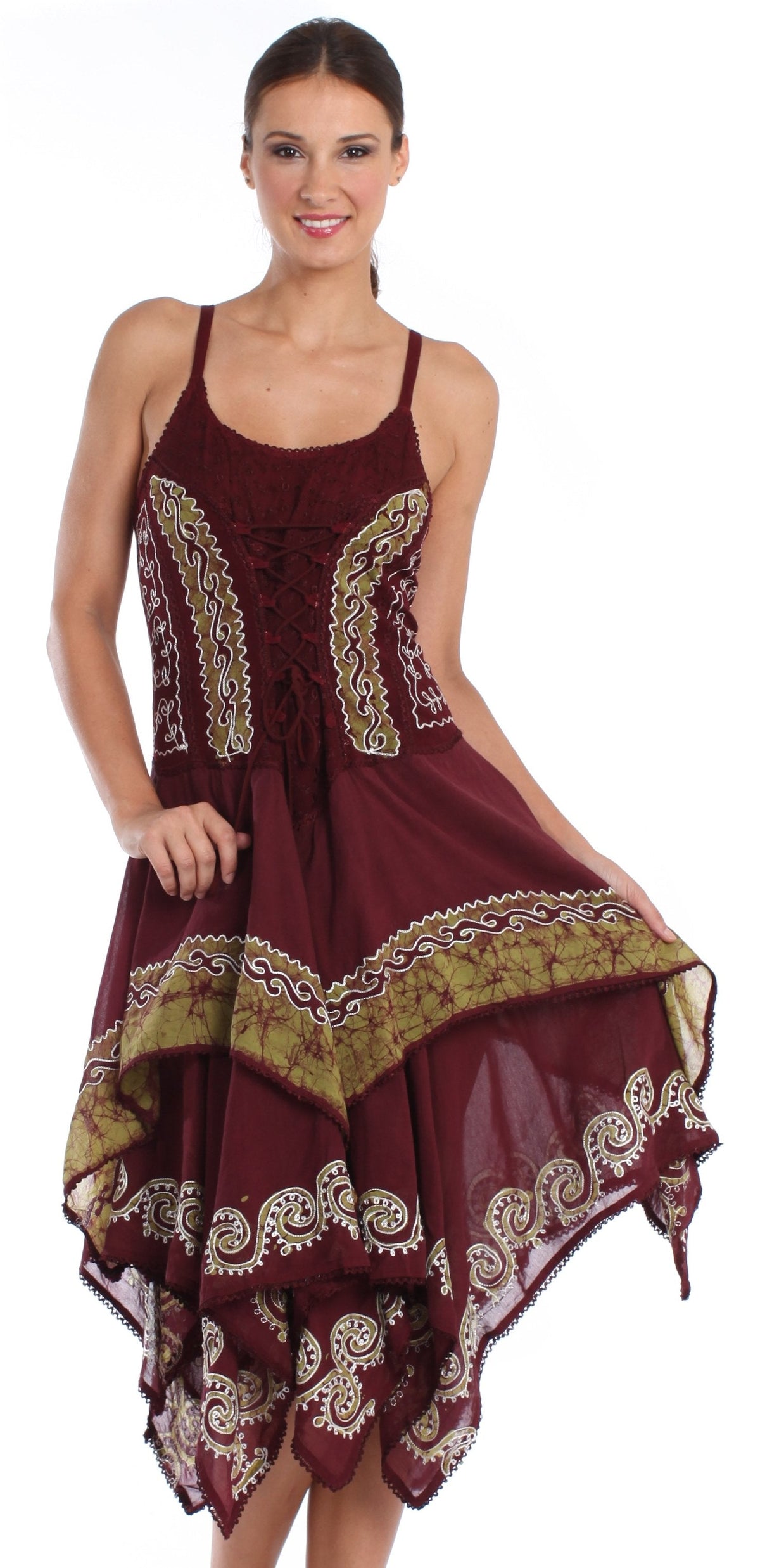 Sakkas Batik Corset Style Bodice Handkerchief Hem Dress