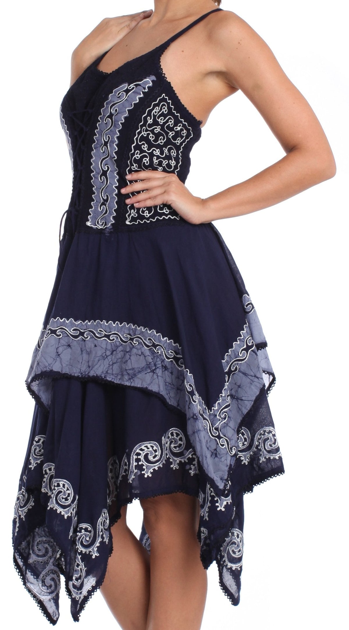 Sakkas Batik Corset Style Bodice Handkerchief Hem Dress